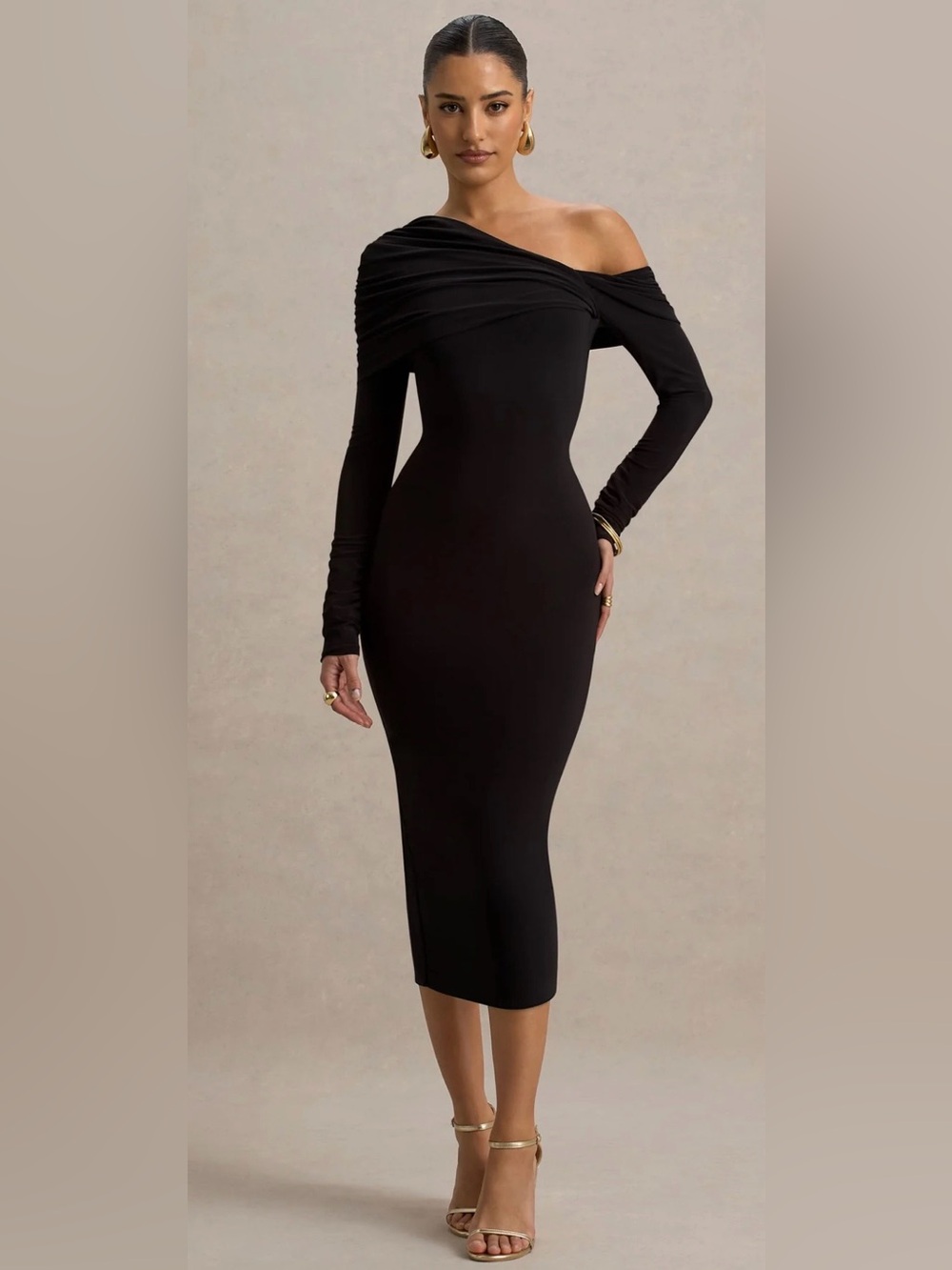 Club L London Off-Shoulder Black Bodycon Midi Dress